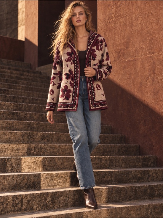 Rachel Zoe Sweaters - Rachel Zoe Burgundy Floral Jacquard Hooded Cardigan Sweater, Size S